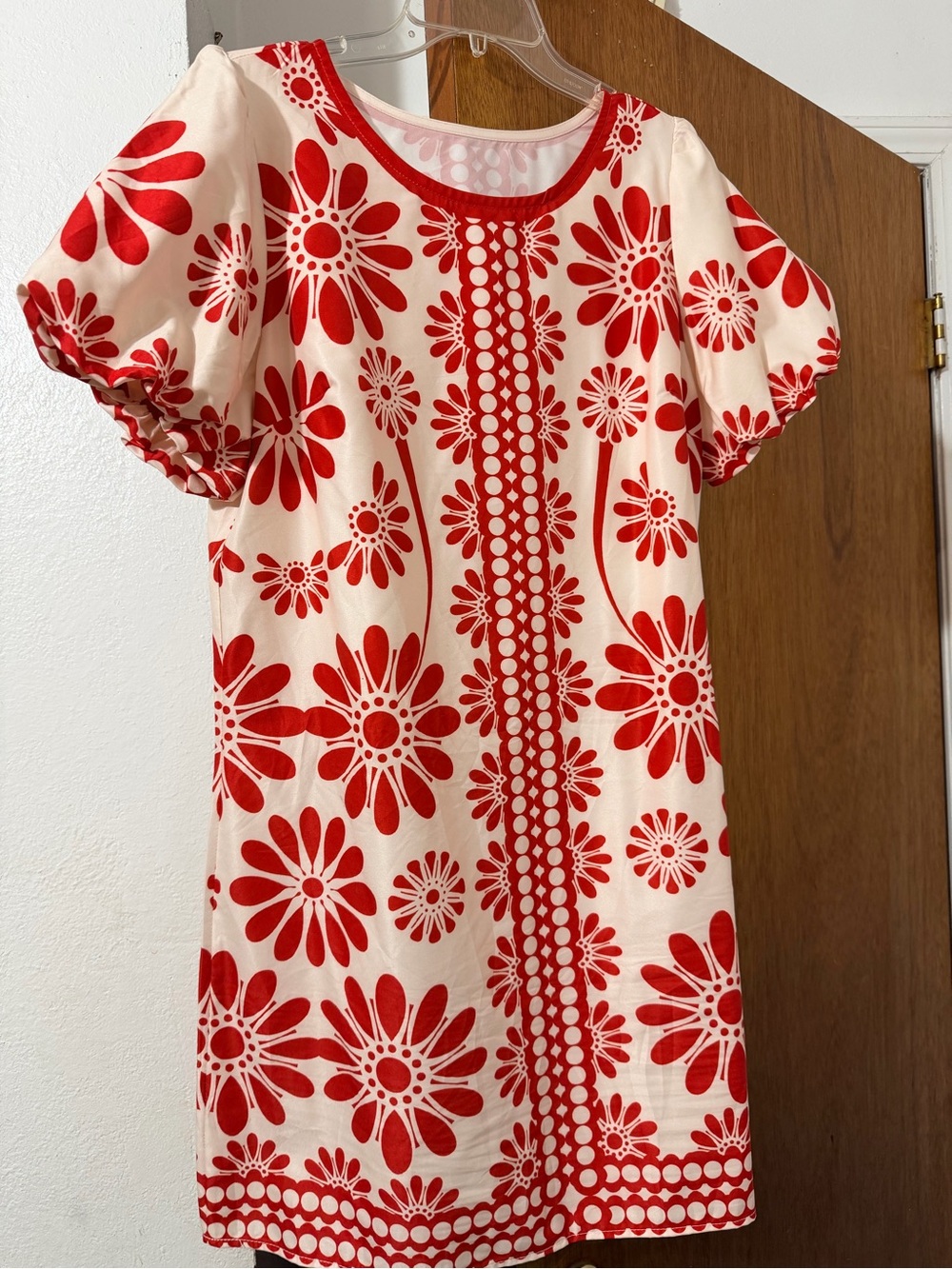Cream Dress with Bold Red Floral Print